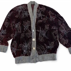 Burgundy Velvet Bomber Jacket Silver Glitter Floral Metallic Rib Trim Snap Front